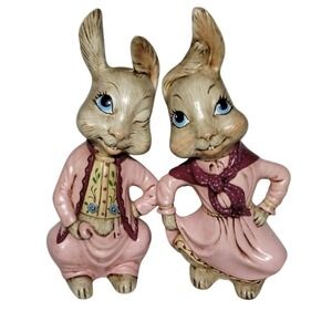 Vintage 13 Inch Potas Ceramica Bunny Figurines Pair Hand Painted Spain